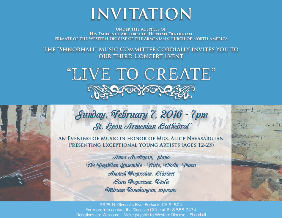 Shnorhali Music Committee Presents "Live to Create" - Evening to Feature Exceptional Young Artists
