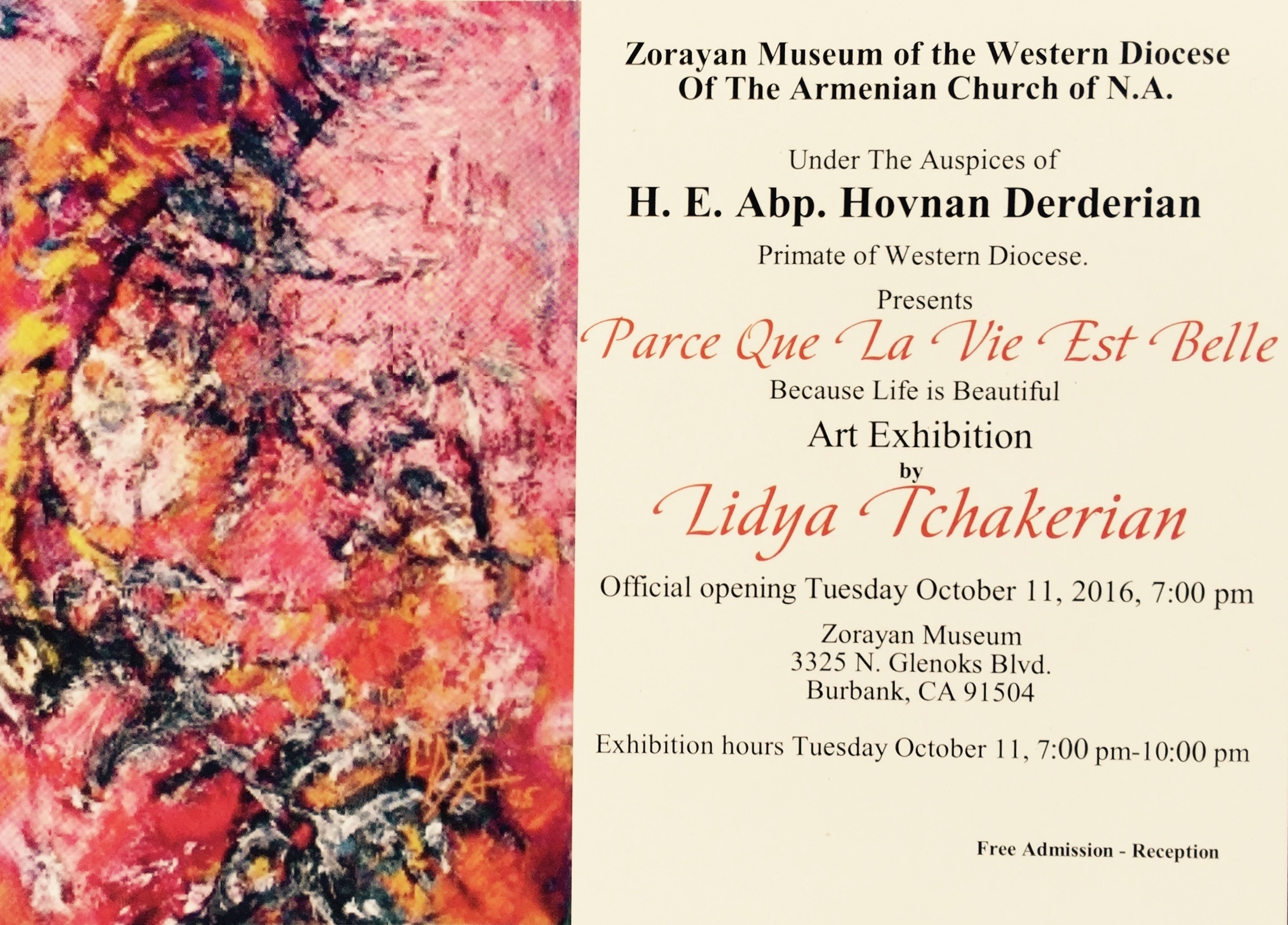 ART EXHIBIT OF INTERNATIONALY ACCLAIMED ARMENIAN ARTIST LIDYA TCHAKERIAN AT ZORAYAN MUSEUM ON OCTOBER 11